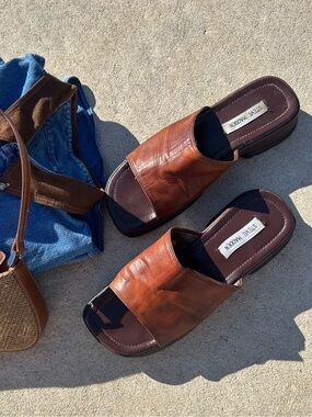 Steve Madden Y2K Vintage Chunky Guppie Leather Sandal Slide Shoes Boho Hippie